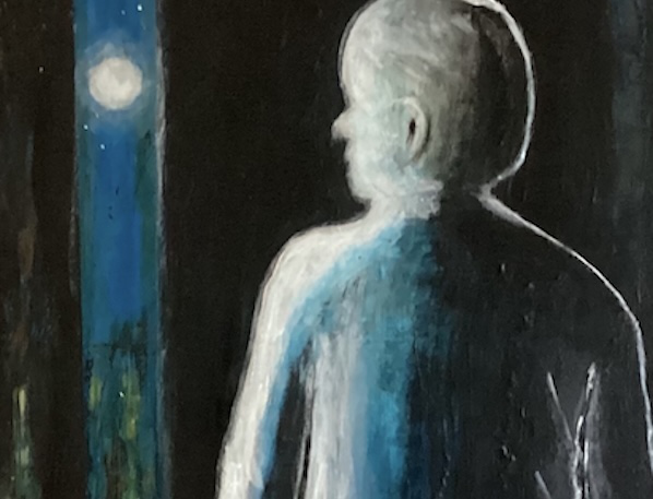 A man in sihloette gazes at the moon